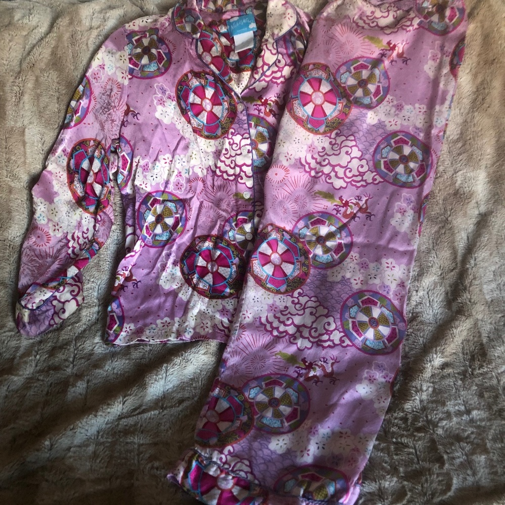 LUXURY SILK- -NICK&NORA 2004 VINTAGE100%SILK EAST ASIAN SET,TOP-LPANT-M EUC